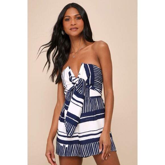 Lulus Delphi Blue and White Striped Tie-Front Strapless Romper, Size Small - Picture 1 of 16